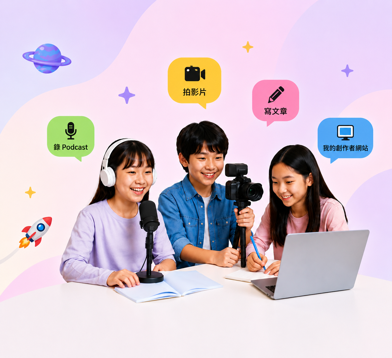 3 個亞洲孩子在錄 Podcast、拍影片、寫作