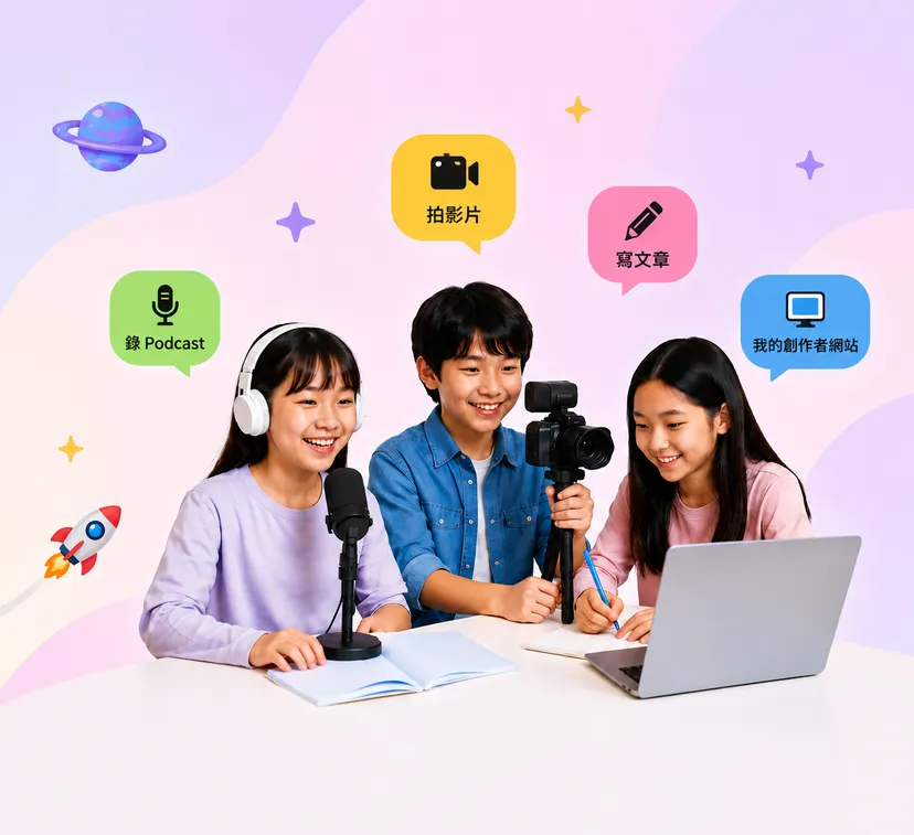 3 個亞洲孩子在錄 Podcast、拍影片、寫作